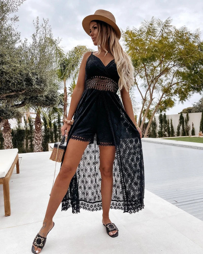 Summer V Neck Solid Color Lace Hollow-Out Sleeveless Sling Party Wear High Waist Rompers Holiday Casual White Women's Jumpsuit