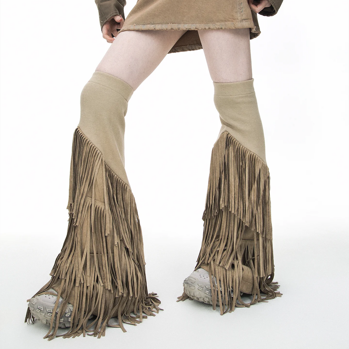 Suede Fabric Tassel Knitted Elastic Punk Vintage Flared Leg Warmers Woman Fashion Elegant Gothic Leg Sleeve
