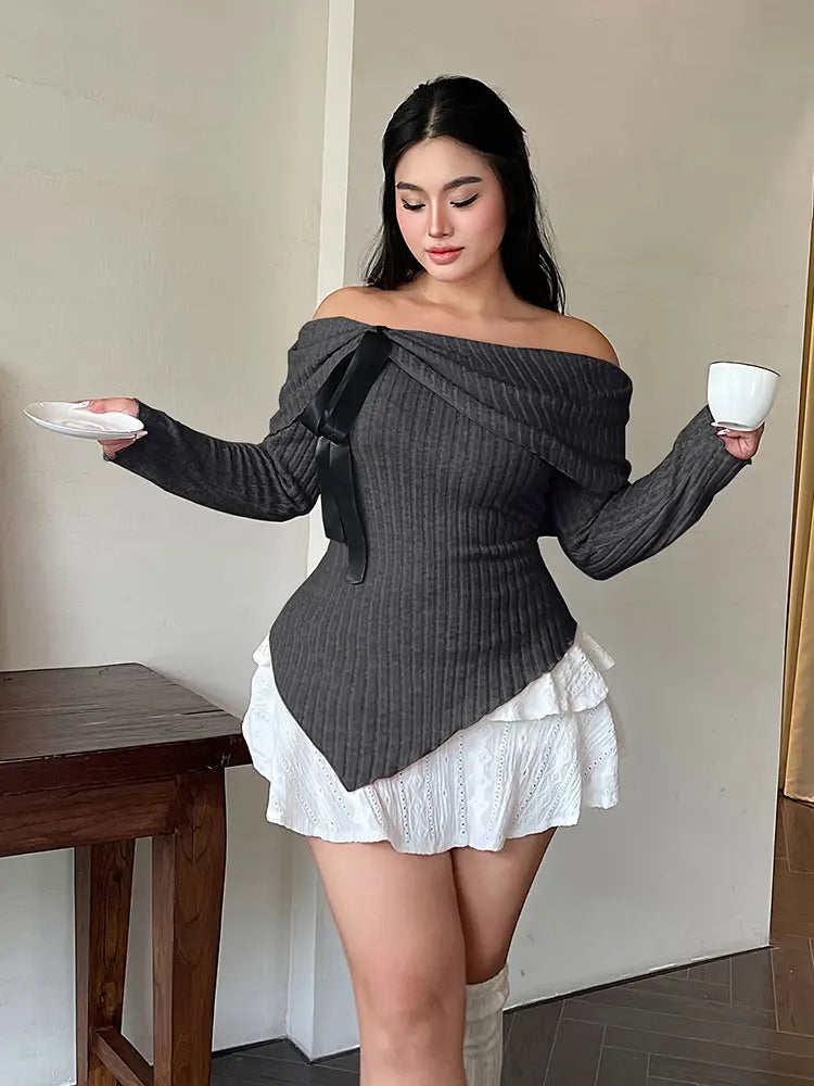 New Sexy Off-The-Shoulder Front Tie-Up Sweater Plus Size One-Shoulder Slim Fit Top Fashion AllMatch Autumn Women's Clothing Sale