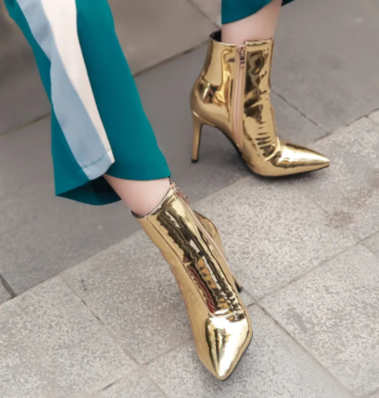 Design Ankle Boots Women Fashion Zipper Pointed High Heels Gold Silver Patent Leather Short Booties Shoes Catwalk Shoes