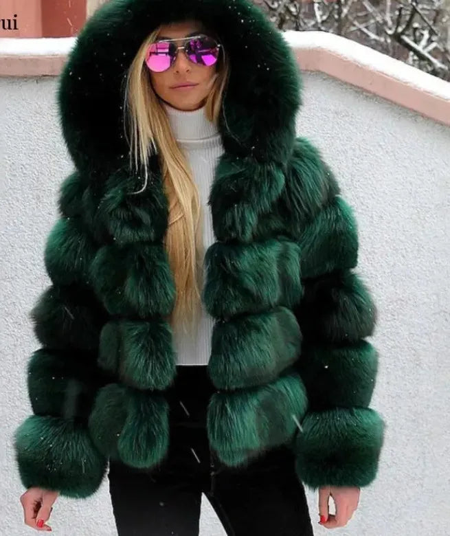 Fashion Winter Women Imitation Fox Fur Jacket Hooded Loose Long Sleeves Female Eco Fur Coat Patchwork Plush Thick Lady Fur Coat