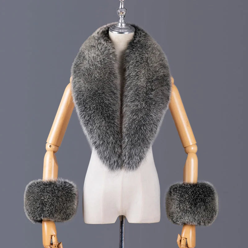 Real Fox Fur Collar Women Natural Fur Scarf And Cuff Set Luxury Women Coat Jacket Fur Shawl Neck Warm Scarves Fashion Fur Shawl
