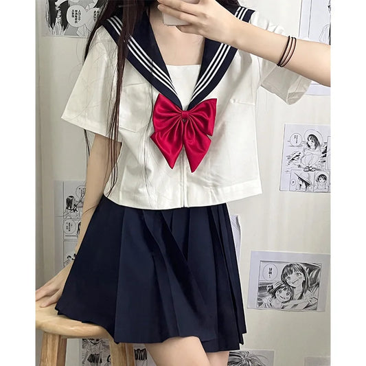 New Japanese School Uniform Girl Jk Suit Sexy Spring and Autumn Red Tie White Three Basic Sailor Uniform Women Long Sleeve Suit