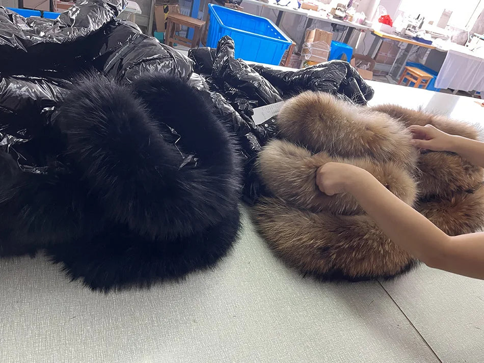Maomaokong Winter Jacket Women Real Fur Coat Parkas Duck Down Lining Coat Real Raccoon Fur Collar Warm Black Streetwear