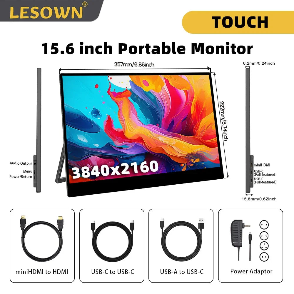 LESOWN 15.6 inch 4K Touchscreen Portable Monitor 1080P IPS USB-C HDMI Gaming Extended Display for Second Screen PS4/ 5 Switch