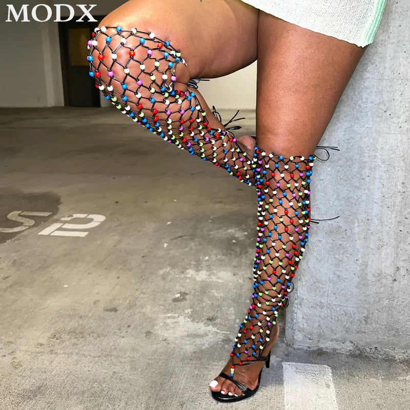 Colourful Beaded Straps Sexy Gladiator Over The Knee Boots 2024 Summer New Open Toe Stiletto Slingback Nightclubs Sandals Boots