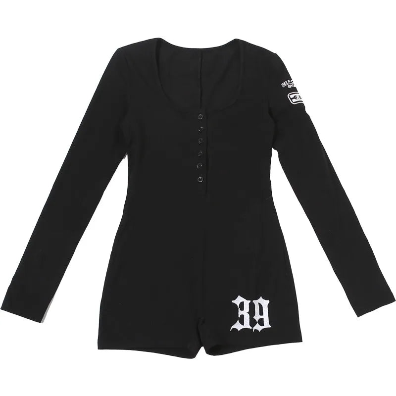 SylCue Letter Print Playsuits Woman Autumn Trend Single-Breasted Low-Neck Full Sleeve Street Skinny Stretch Casual Style Rompers