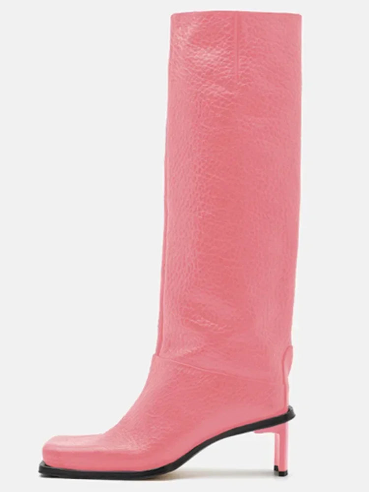 2026New Fashionable Square Head High Heels Women's Knee Length Boots with Side Zipper Stone Pattern Women's Mid Length Boots