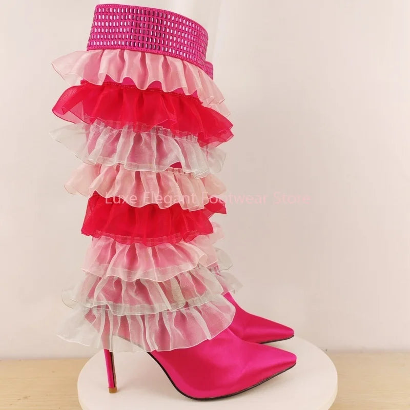 Pink Satin Tulle Ruffle Mesh Rhinestone Knee High Boots Women Back Zipper Pointed Stiletto Long Boots Sweet Lovely Party Boots