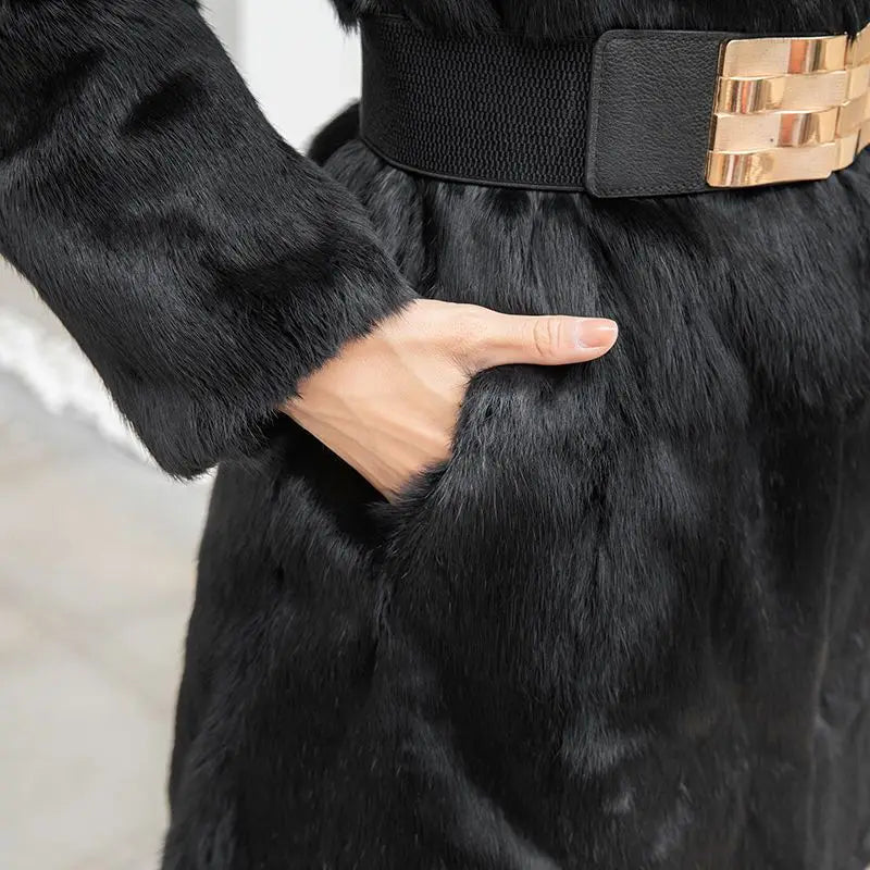 2025 New Luxury Big Hood Real Rabbit Fur Coat For Women Factory Wholesale Full Pelt Nature Ladies Rabbit Fur Overcoat NZ101