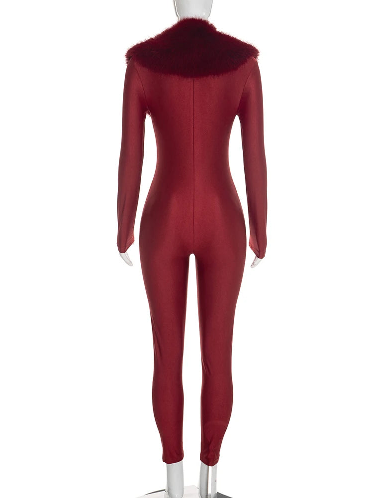 Weird Puss Plush Patchwork Jumpsuits Woman Autumn Trend Low-Neck Full Sleeve Skinny Stretch Midnight Club Party Fashion Overalls