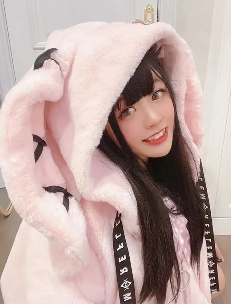 Mauroicardi Autumn Winter Sweet Cute Kawaii Soft Thick Warm Black Faux Fur Coat Women with Bunny Ears Cute Fluffy Jacket Hoodie