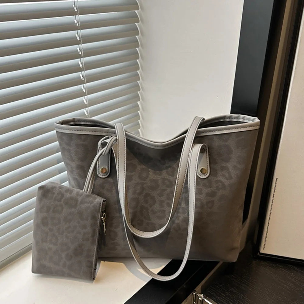 Vintage Leopard Print Women Tote Bag PU Leather Large Capacity Underarm Bag with Mini Bag Briefcase Bags