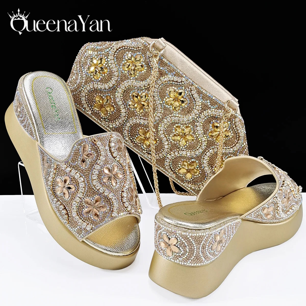Queena Yan High Quality 2025 Newst Hot Selling Open Toe Slingback Sandals with Bag Set in Green Color For Women Wedding Party