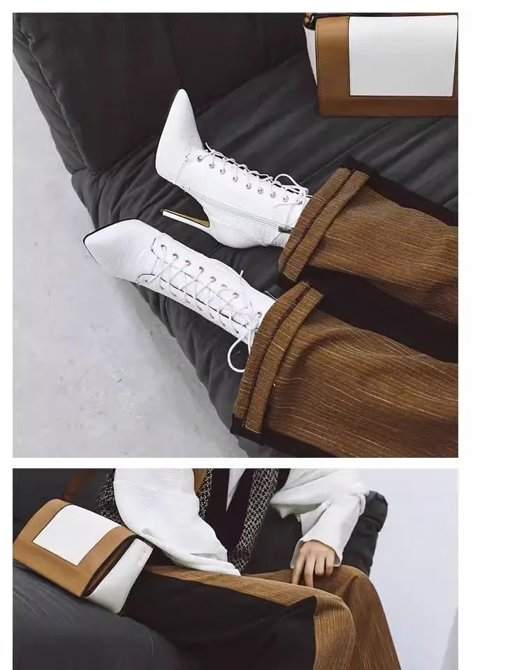 12CM Stiletto Heels Botas Mujer Fashion Pointed Lace-up Ankle Boots Roman Ladies Shoes Autumn Winter Women Emboss Short Booties