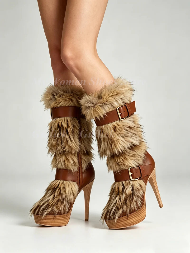 Fur Knee High Platform Boots Thin High Heel Buckle Strap Zipper New Arrivals Hot Sale 2026 Winter Women Dress Shoes Handmade