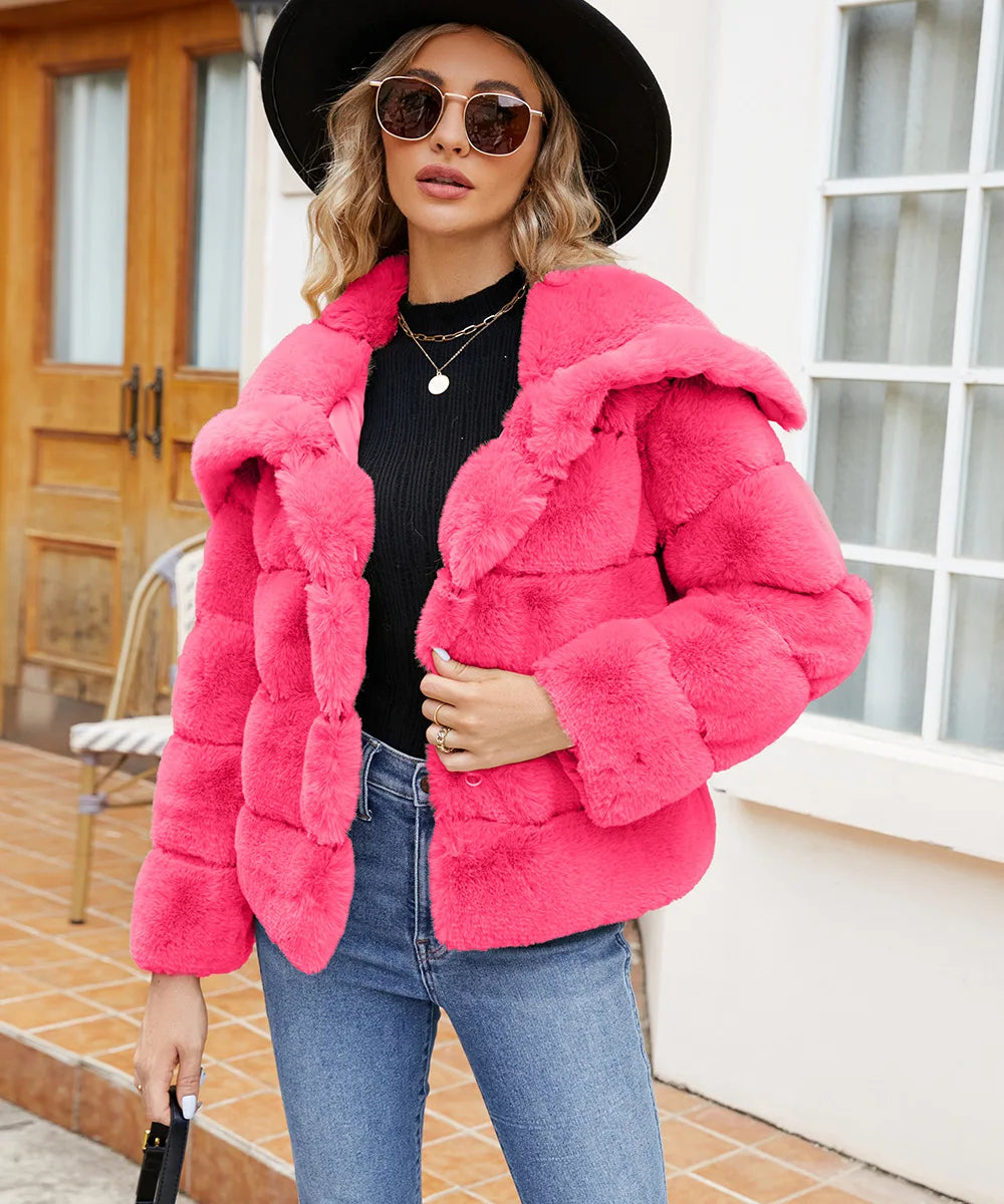 2026 Autumn Winter Turndown Collar Faux Fur Coat Women Casual Long Sleeve Fluffy Plush Jacket Khaki Thick Fake Fur Warm Cardigan