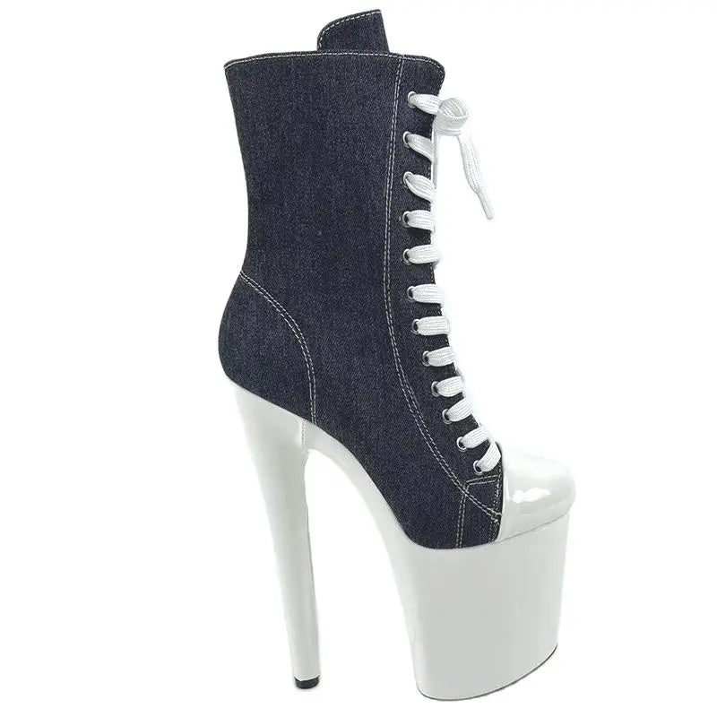 15 17 20cm Super High Nightclub Platform Heels Strappy Canvas Women's Ankle Boots Sexy Round Toe Pole Dance Shoes Ladies Boots