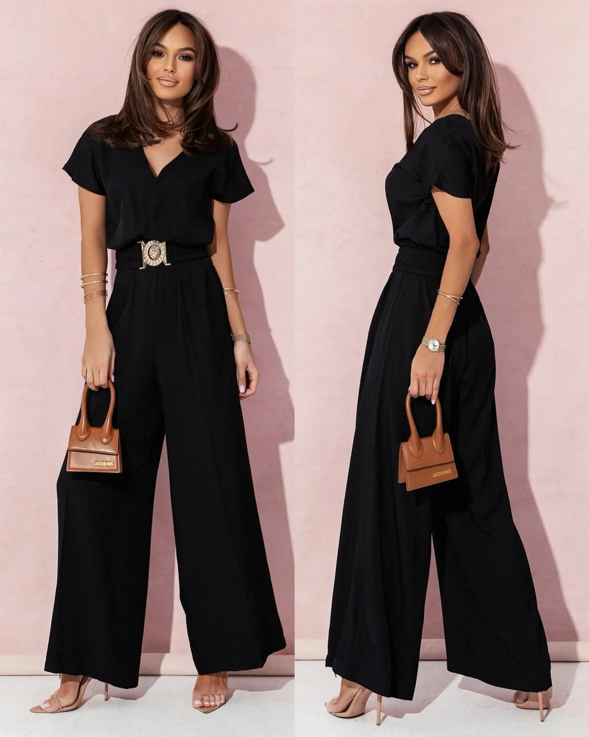 Fashion V-neck Short Sleeve High Waist Jumpsuit Women 2026 Summer Solid Wide Leg Elegant Romper Vintage Jumpsuits Overalls Women