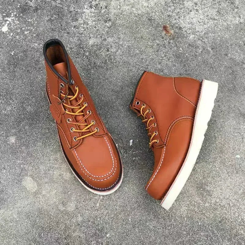 Men's Goodyear-Welted Vintage Genuine Leather Mid-calf Motorcycle Boots Round toe Casual Punk Dress Boots Work Shoes Western Red