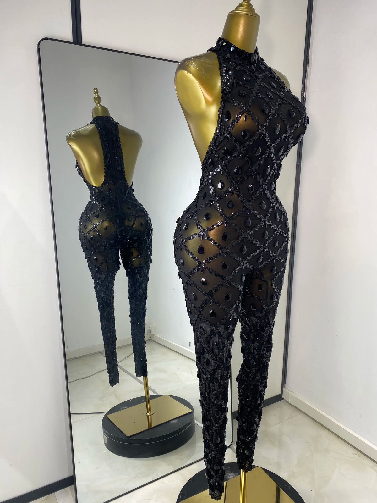 Women Rhinestones Sequines Mesh Bodycon Jumpsuits Sexy Special Occassion Nightclub DJ Dancer Stage Costumes Evening Club Dress