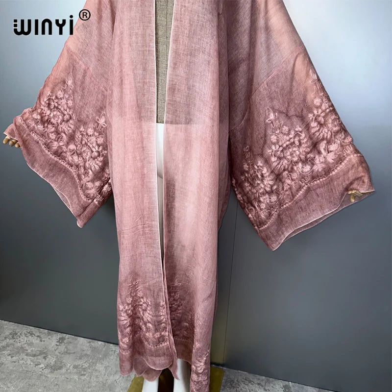 WINYI Kimono Hand-Dyed Embroidered Cardigan Beachwear Evening Dress Abaya Dubai Luxury Cover-Ups Beach Outfits Women Maxi Coat