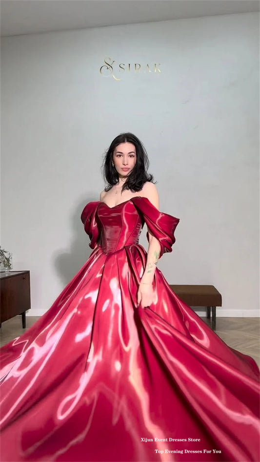 Xijun Modern Red Evening Dresses Off The Shoulder A-Line Birthday Party Dresses Corset Shiny Floor Length Prom Gowns Customized
