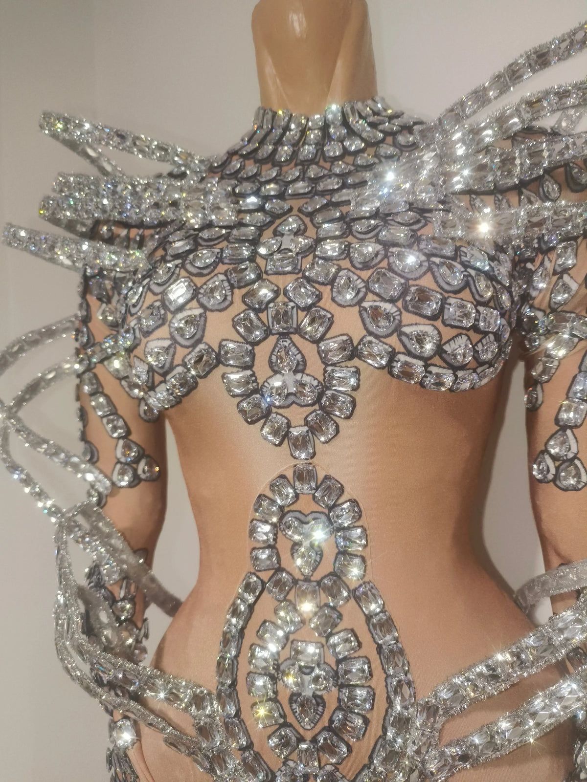Women Sexy Sparkly Diamond Long Sleeves Spandex Stretch Jumpsuit Evening Birthday Party Bar Nightclub Dancer Stage Show Clothing