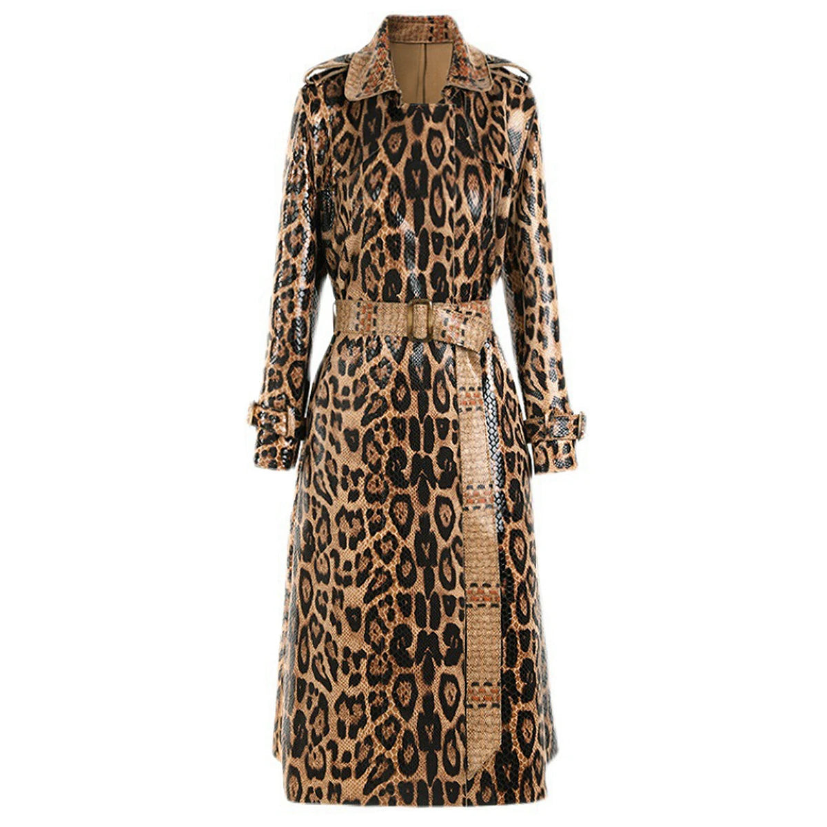 2102 High-quality Spring And Autumn Snake Skin Leopard Print Long Sleeved Leather Belt Temperament Coat Women's Trench Coat