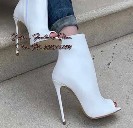Surkova White Matte Leather Stiletto Heels Ankle Boots Open Toe Zipped Elegant Short Booties Sky High Heel Dress Pumps