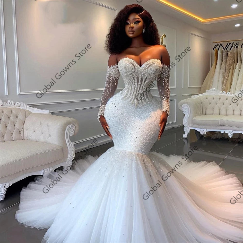 White Bead Crystal Wedding Dresses Sweetheart Long Sleeve Bride Gown Mermaid Special Occasion Gown Customized