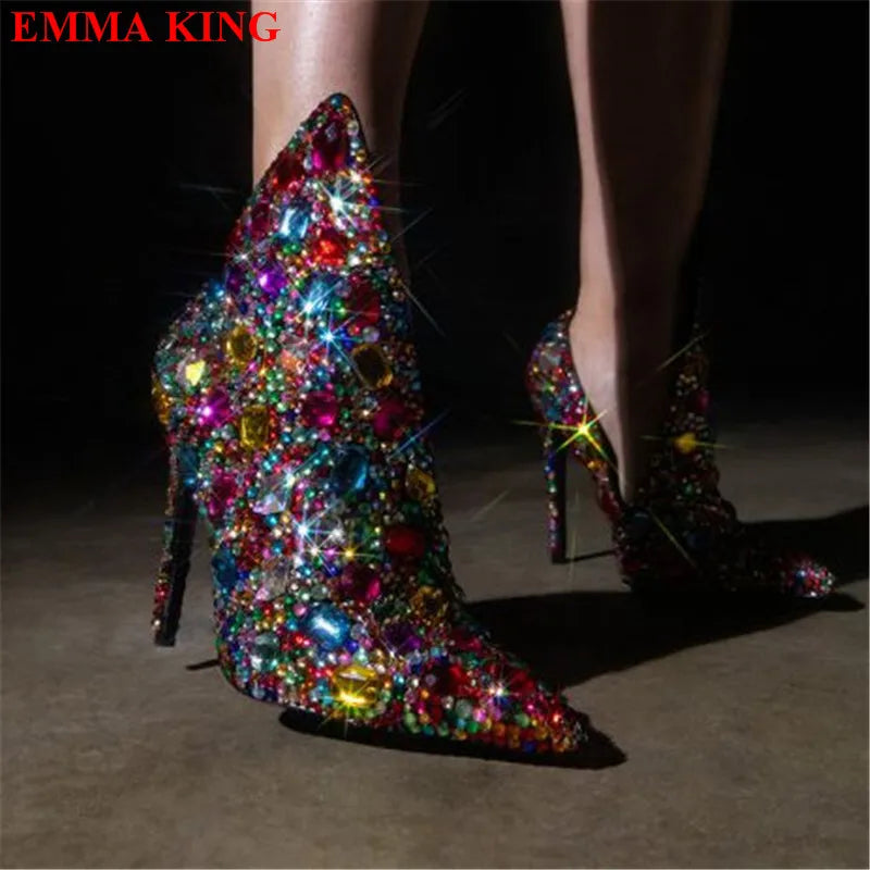 Women Boots 2023 New Luxury Rhinestone Ankle Boots Crystal High Heels Female Party Shoes Women Shallow Pointed Toe Boots Mujer
