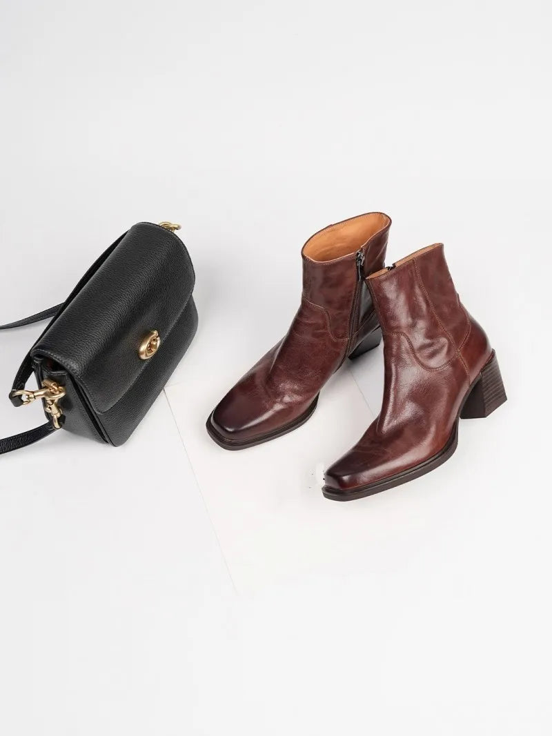 Elegant Office Ladies Chunky Heels Genuine Leather Short Boots Square Toe New Designer Shoes Women Vintage Cowhide Ankle Boots