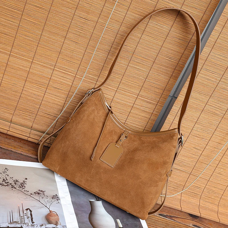 Winter Women's Natural Suede Leather Classic Underarm Bag Female Soft Cowhide Durable Handbags Ladies Luxury Designer Bags