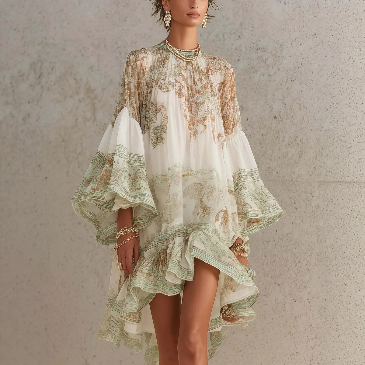 2026 New European and American Style Printed Lotus Leaf Hem Dress for Women, Vacation-Inspired, Loose Fit, Flowing, Stylish Shor