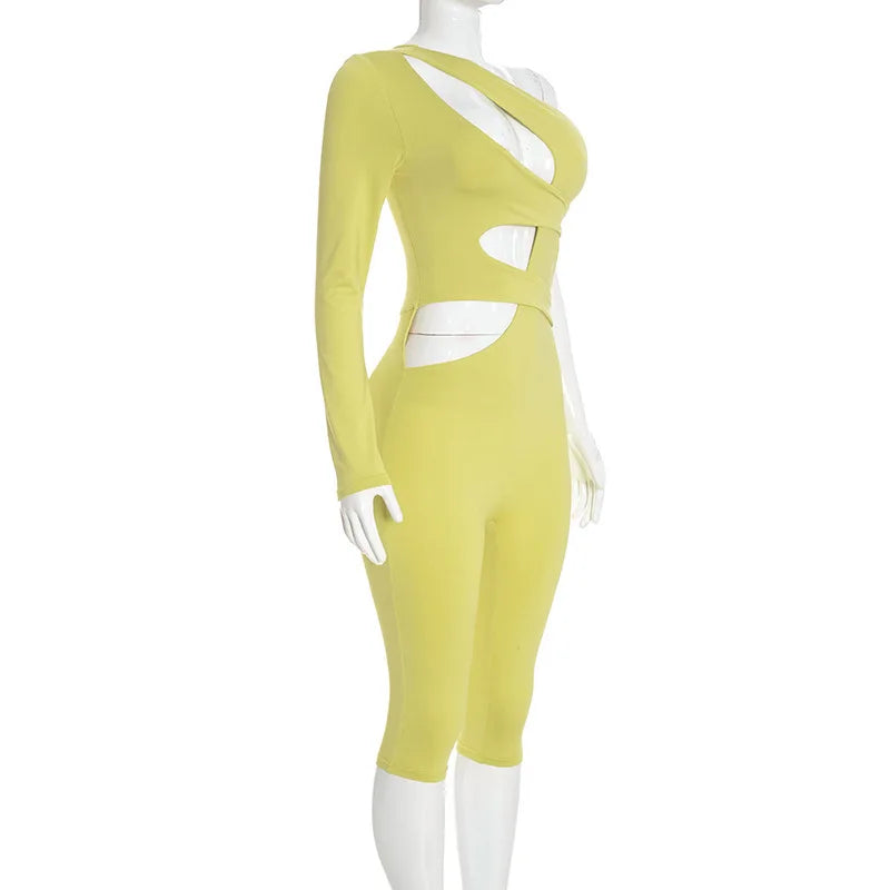 JENYAGE Women One Shoulder Cutout Jumpsuit Soft Stretchy Solid Color Sexy Long Sleeve Asymmetrical Bodycon Knee Length Romper