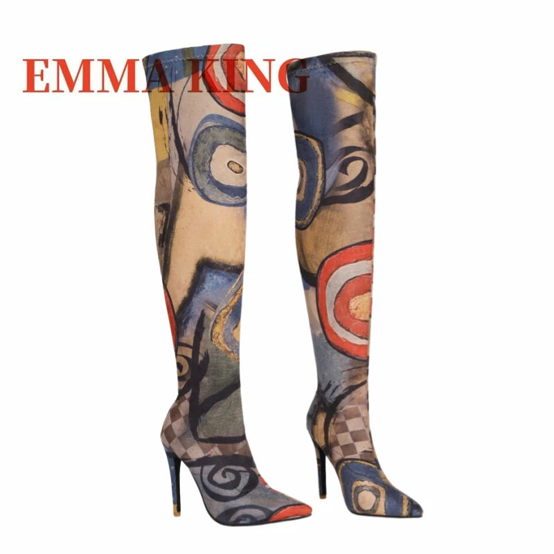 Women's Art Print Thigh High Boots Pointed Toe Stiletto Heel Over The Knee Boots Stretch Fabric Thin Heeled Boots for Party
