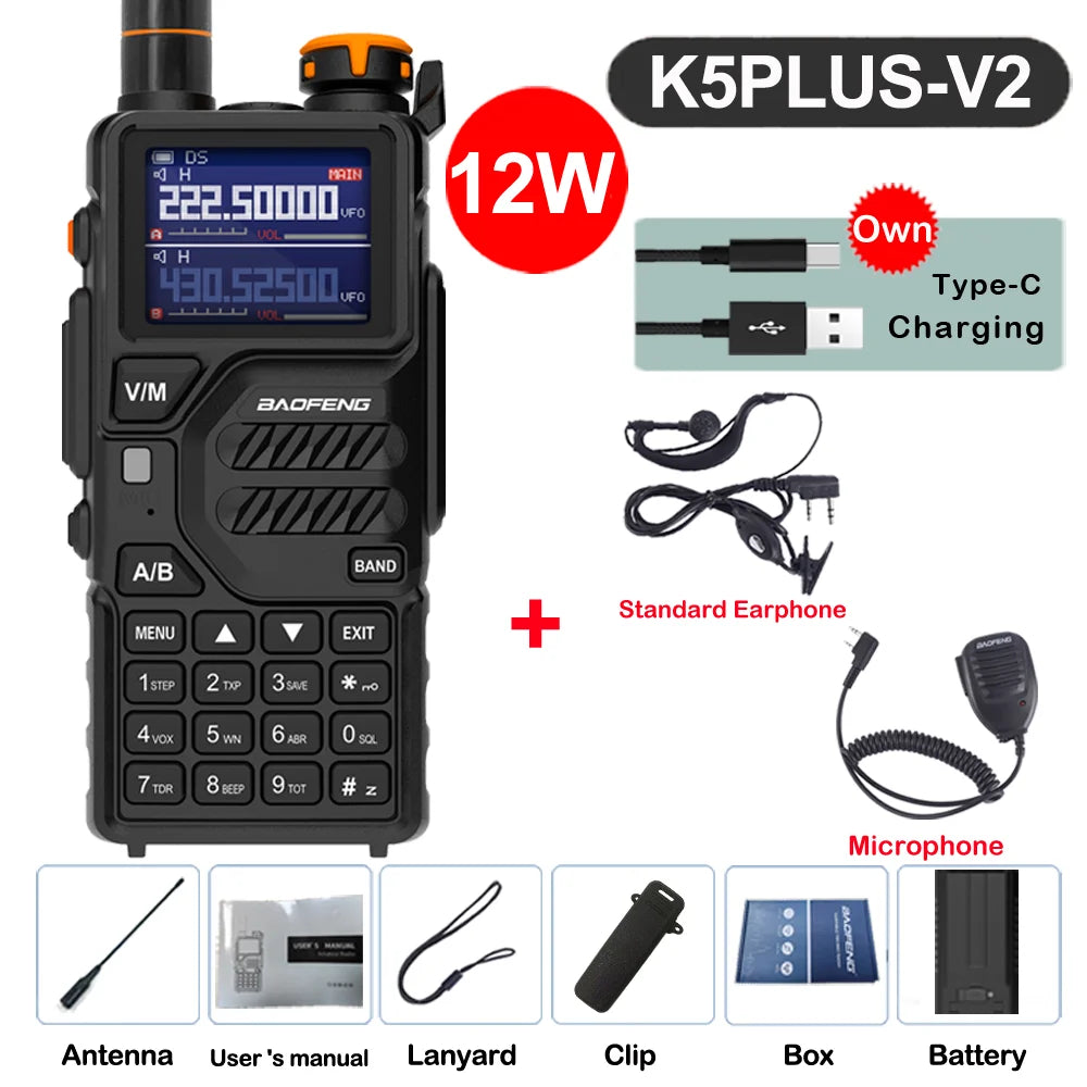 2026 Baofeng UV-K5 Plus Walkie Talkie 12W High Capacity AM FM Two Way Radio Full Band LCD 999CH Frequency Copy NOAA Noise Reduce