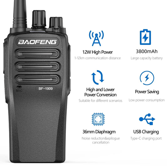 BAOFENG 1909 This 12W High-Power Walkie-Talkie Is Easy To Use And Features A 3800Mah Battery For Long Battery Life.