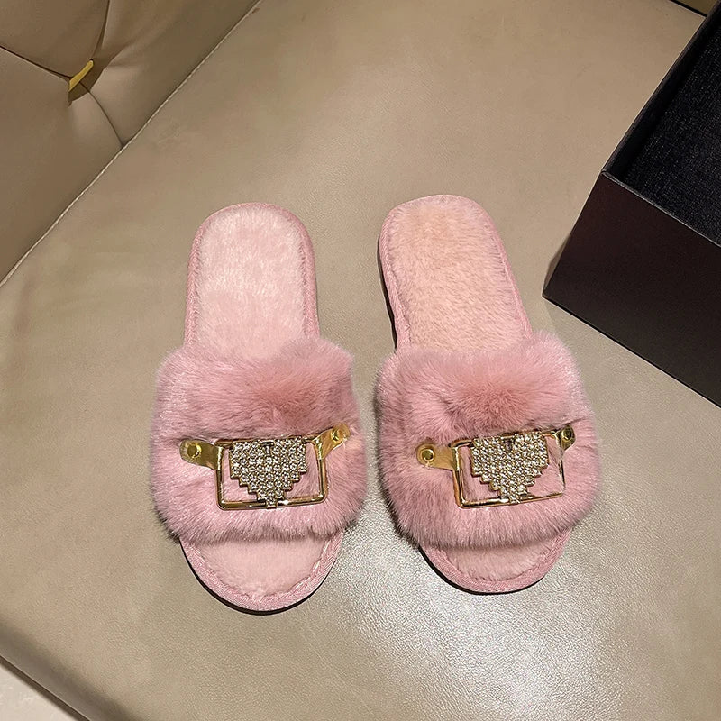 Love Chain Fluffy Women's Slippers Home Fashion Luxury Designer Shoes Woman Autumn Winter Faux Fuzzy Fur Slides Indoor Elegant