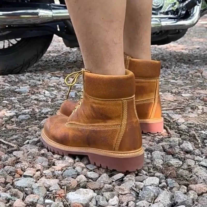 British Style Thick Sole Genuine Leather Men's Motorcycle Boots Casual Outdoor Desert Western Boots Male High Top Shoes Youth