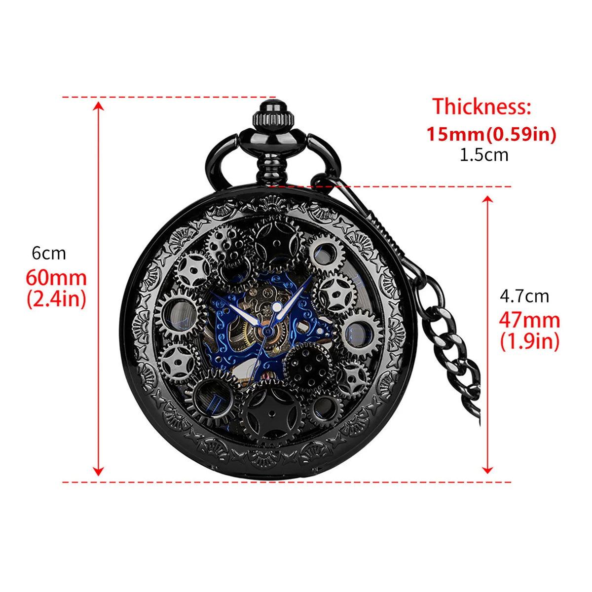 Manual Men's Mechanical Pocket Watch Hollow Design Roman Numerals Vintage Metal Pocket Watch Clock Chain Pendant Blue