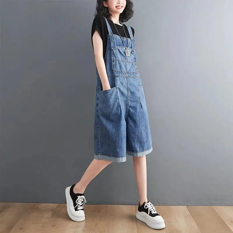 Summer Denim Straps Shorts Jeans Overalls Women Korean Wide Leg Jumpsuits Female Suspender Rompers Casual Conjoined Fifth Pants