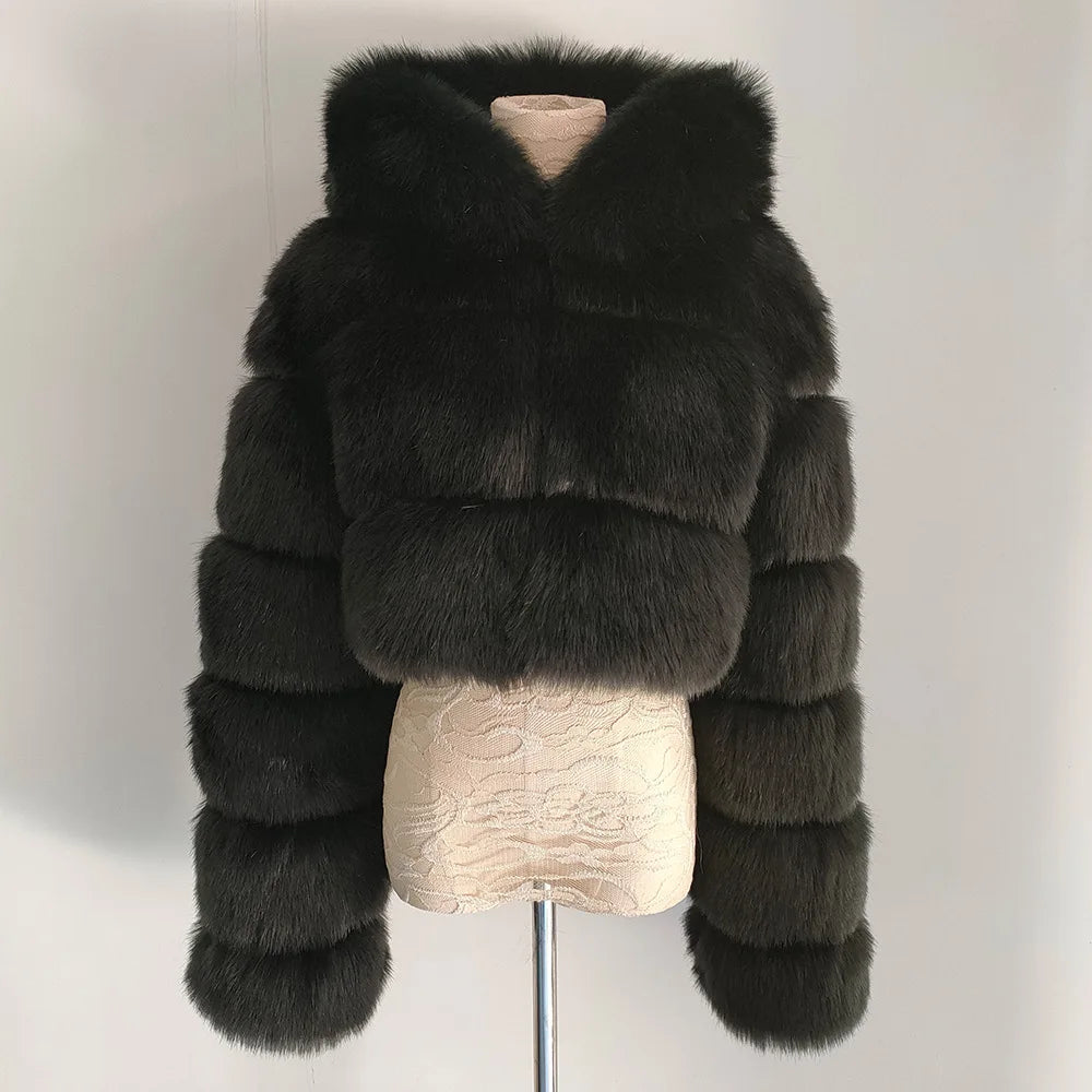 2026 Women Winter Plus Size Faux Fur Croped Coat Female Furry Hooded Long Sleeve Plush Jacket Lady Fake Fur Warm Fluffy Cardigan