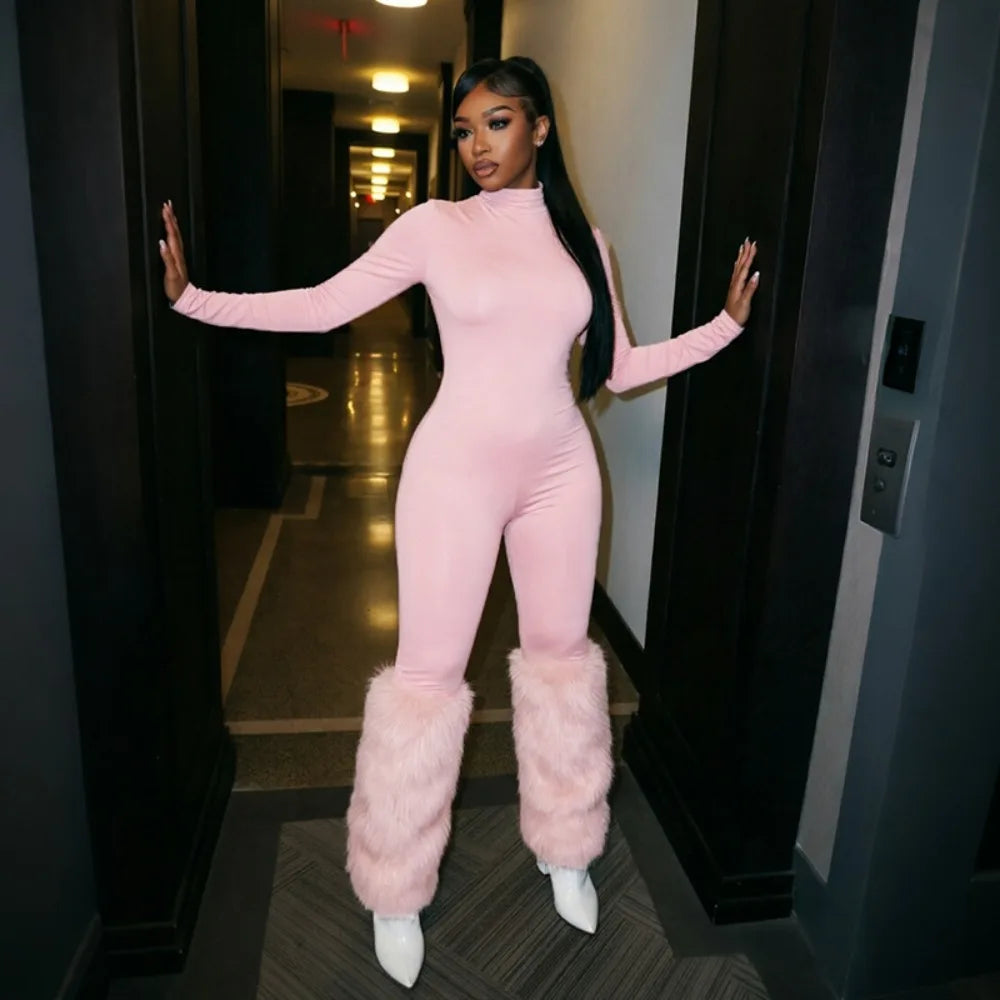 FLARORA Sexy Faux Fur Patchwork Jumpsuits Woman Turtleneck Full Sleeve Skinny Peach Hip Jumpsuit Midnight Party Club Overalls