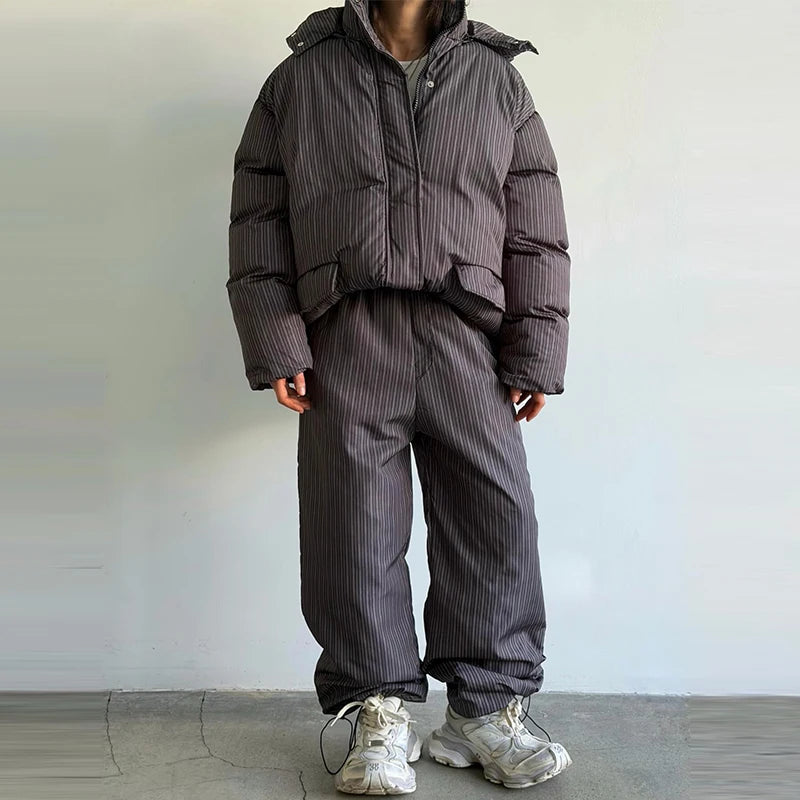 Polka Dots Hooded Cotton Coats Trousers Set 2026 Winter Loose Zippers Drawstring Jacket Elastic Waist Pants Women's Warm Outfits
