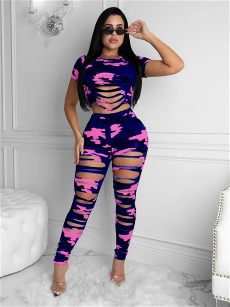 Wmstar Women Two Piece Set Summer Sexy Sport Fashion Casual Ripped Sweatshirt Sweat Camouflage Print Pant Sets Outfit Tracksuit