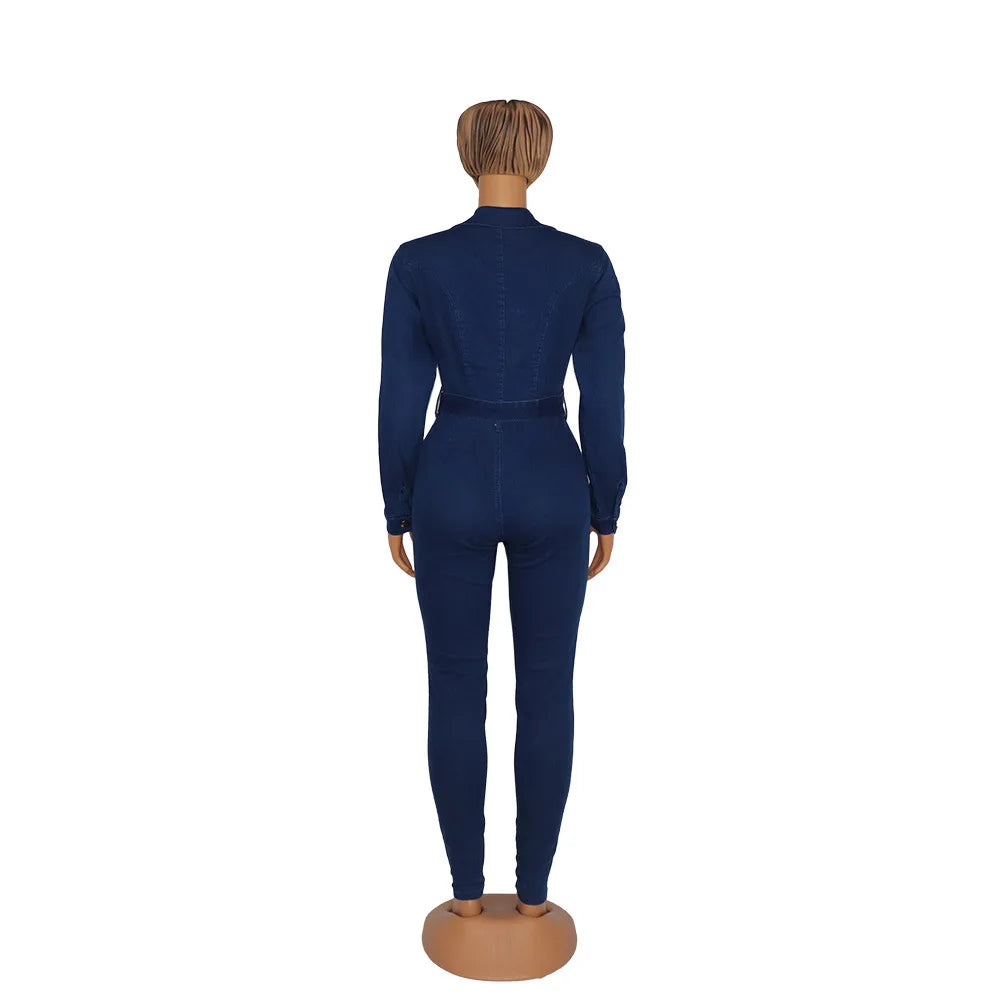 Washed Denim Jumpsuits V Neck Sashes Overalls Jean Solid Pencil Pants Sheath Jeans Pockets Spliced Sexy Slim High Street