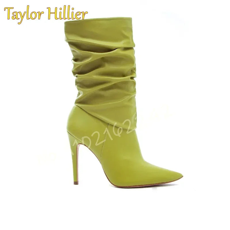 Autumn Avocado Color Pleated Short Boots Pointed Toe Stiletto Side Zipper Mid-Calf Nude Boots Catwalk Party Formal Boots Women