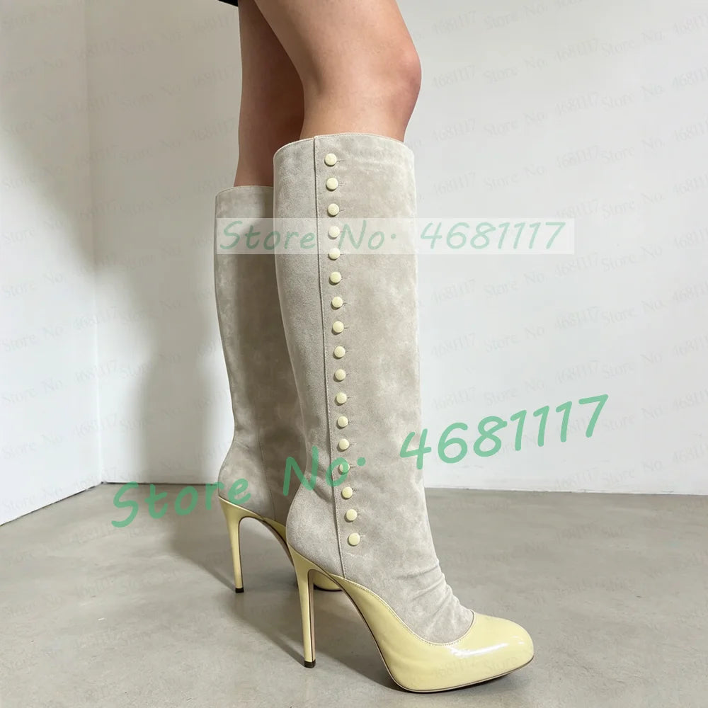 Beige Suede Yellow Leather Patchwork Boots Women Elegant Round Toe Button Decor Knee High Heels Streetwear Side Zipper Boots